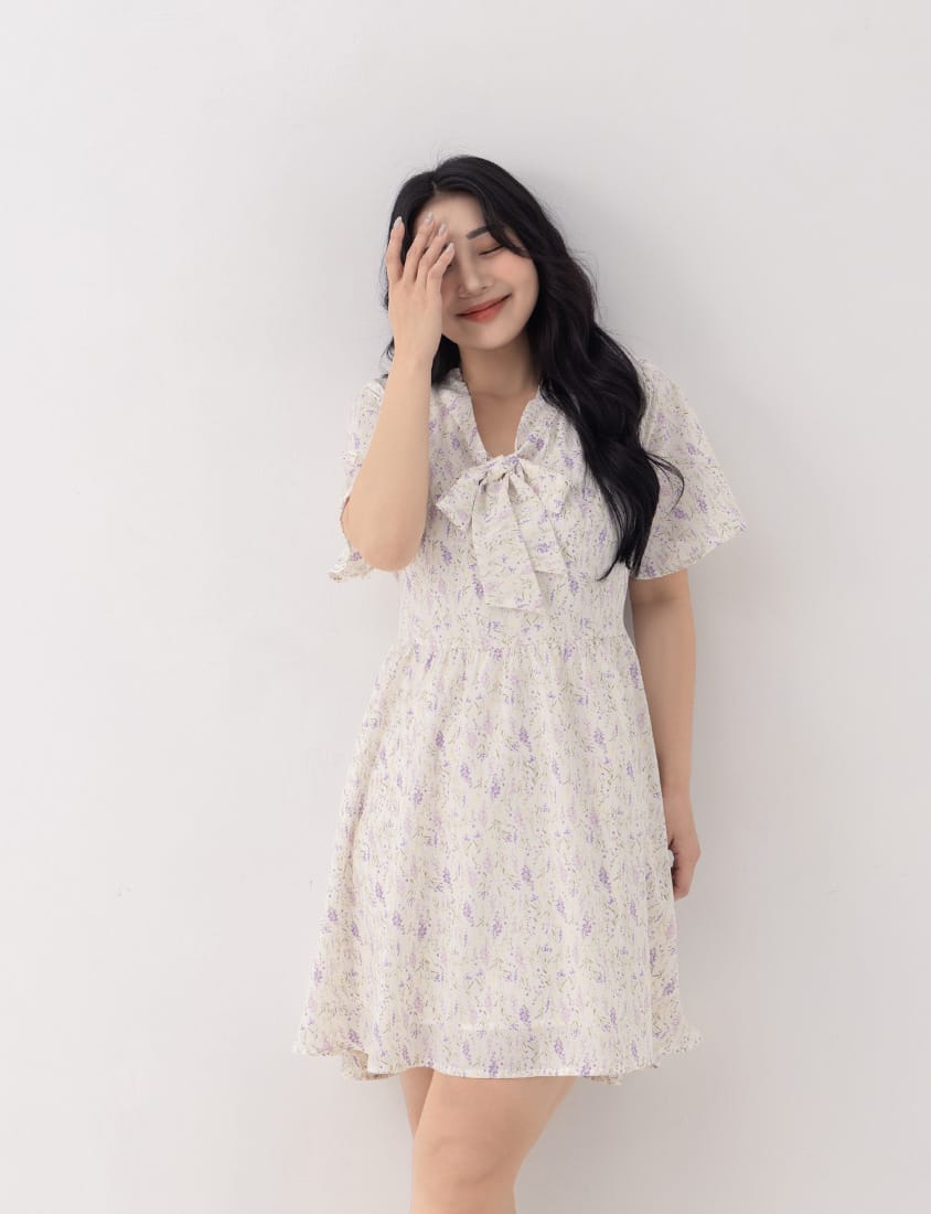 Gentle Lavender Tie-Waist Plus Size Flare Dress