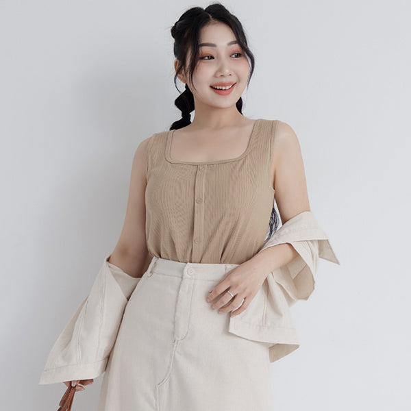 Pobra. Airy Wide Strap Square Neck Faux Buttons Plus Size Bra Top