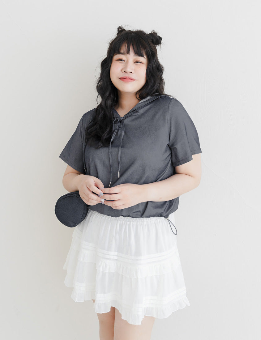 Faux Denim Hoodie Tie-Front Plus Size Short Sleeve Top