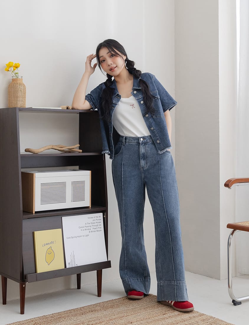 3D Seamed Plus Size Wide Straight Leg Jeans