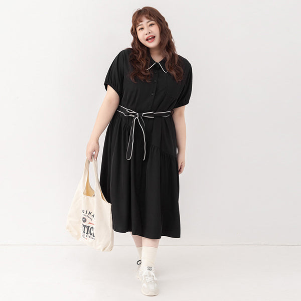 Color-Trimmed Plus Size Puff Sleeve Maxi Dress (With Waist Tie)