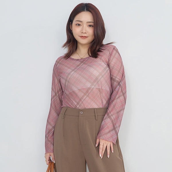 MISS. Vintage Sheer Checkered Plus Size Long Sleeve Top