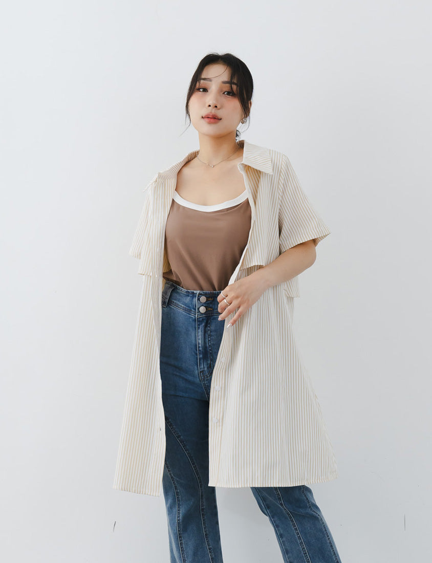 MISS. Japanese Style Striped Layered Plus Size Shirt Dress (with Belt)