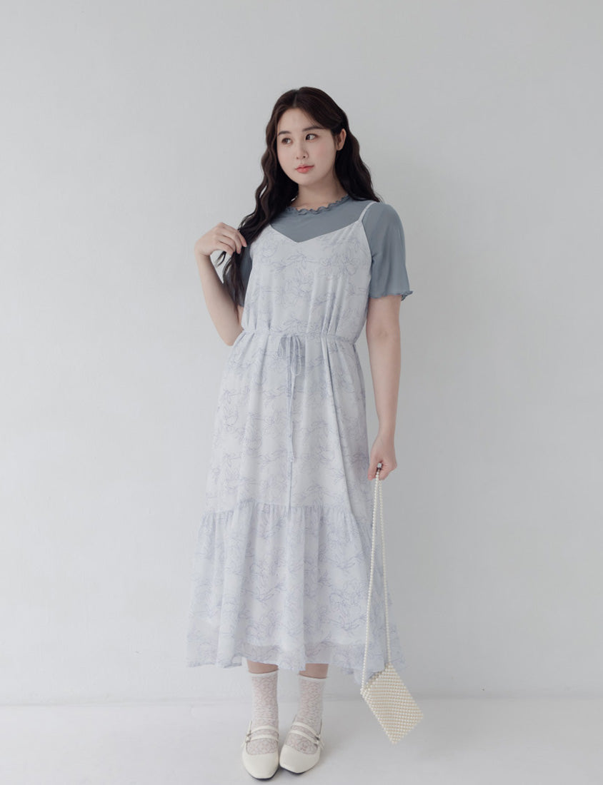 Adjustable Hand-Painted Floral Cami Dress (with Waist Tie)