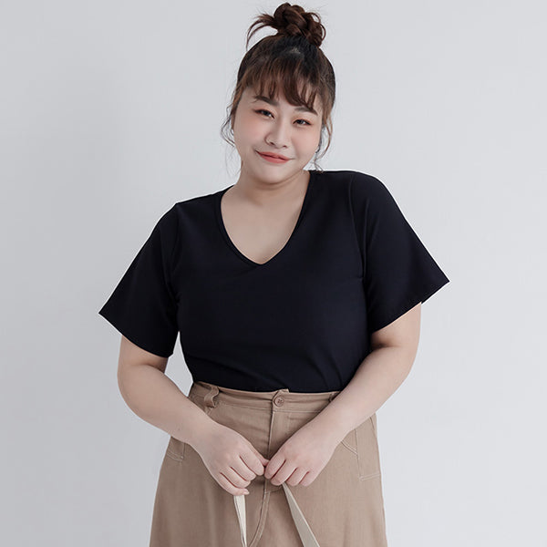 Pobra. Airy Ribbed V-Neck Short Sleeve Plus Size Bratop