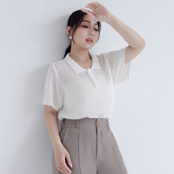 MISS. Polo Collar Knitted Hollow Plus Size Top