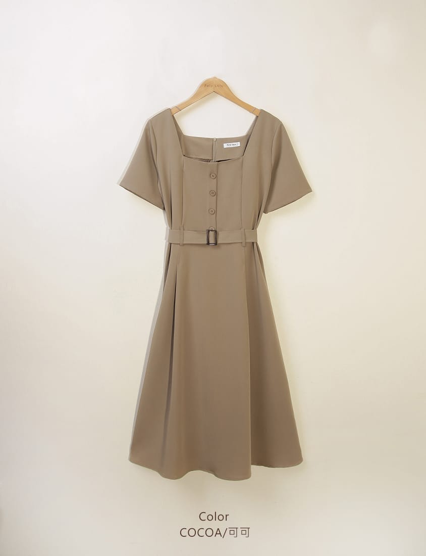 MISS. Square Neck Faux Button Elegant Plus Size Long Dress (With Belt)