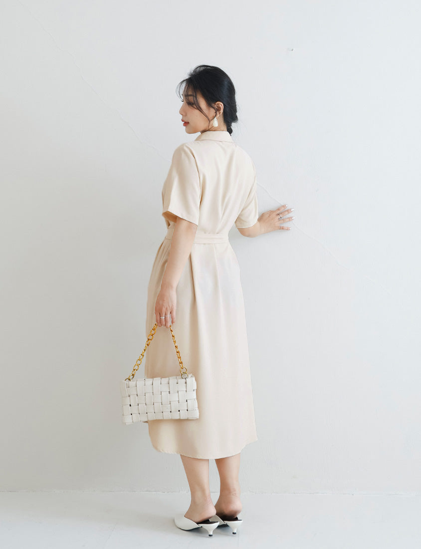 MISS. Cuban Collar Chiffon Button Short Sleeve Dress (with Waist-Tie )