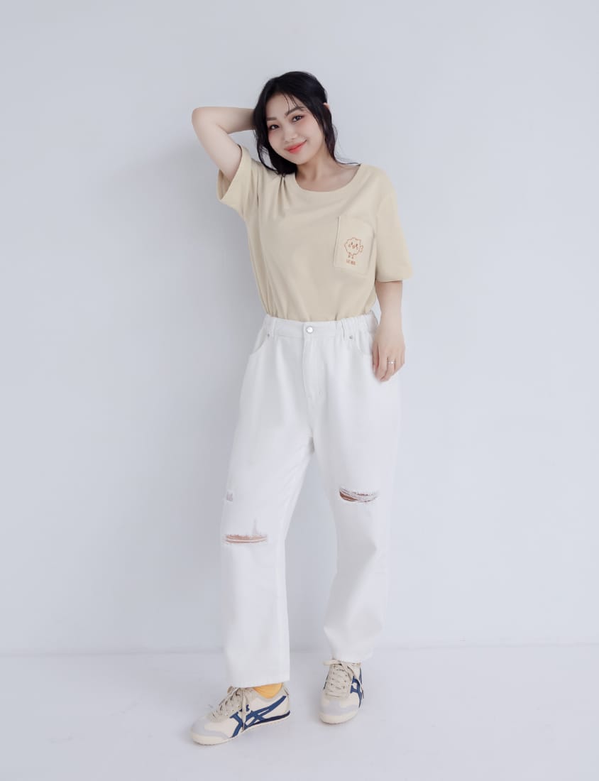 Distressed Side Elastic Waist Plus Size Boyfriend Jeans