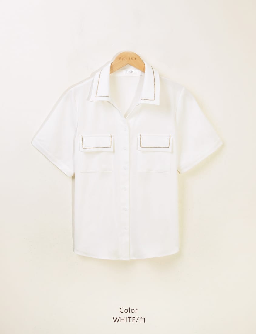 Color-Block Embroidered Pocket Plus-Size Short Sleeve Shirt