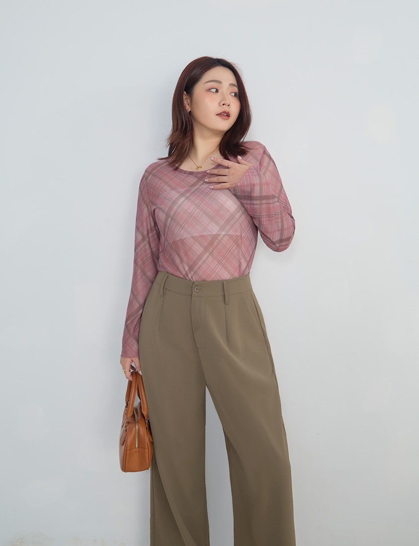 MISS. Vintage Sheer Checkered Plus Size Long Sleeve Top