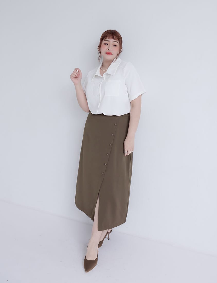 MISS. Korean Style Asymmetrical Button Slit Elastic Waist Plus Size Maxi Skirt
