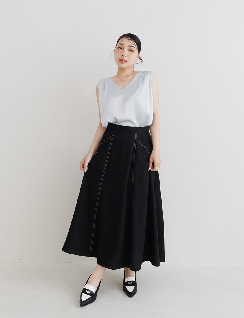 MISS. Contrast Stitch A-Line Back Elastic Waist Plus Size Maxi Skirt