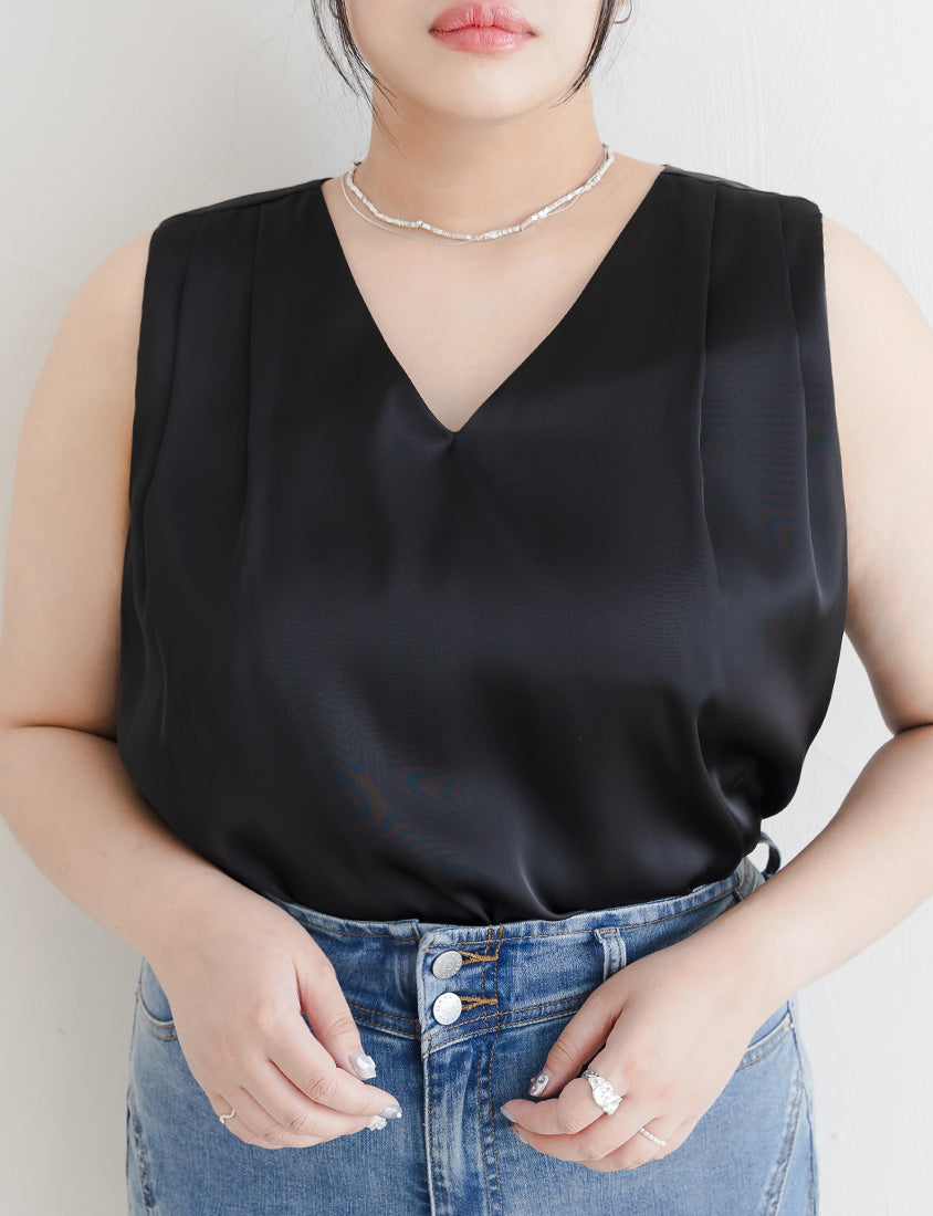 MISS. Subtle Sheen V-Neck Wide Strap Plus Size Pleated Tank