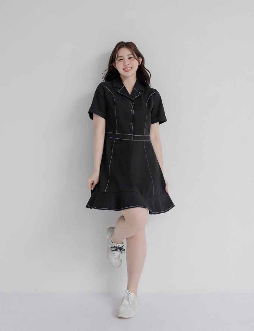 Twill Cuban Collar Cargo Ruffle Hem Plus Size Mini Dress