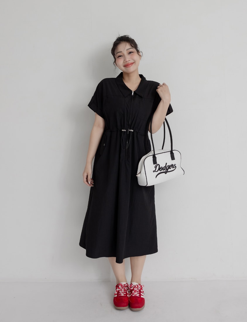 Utility Cargo Pocket Drawstring Cinched Waist Plus Size Maxi Dress