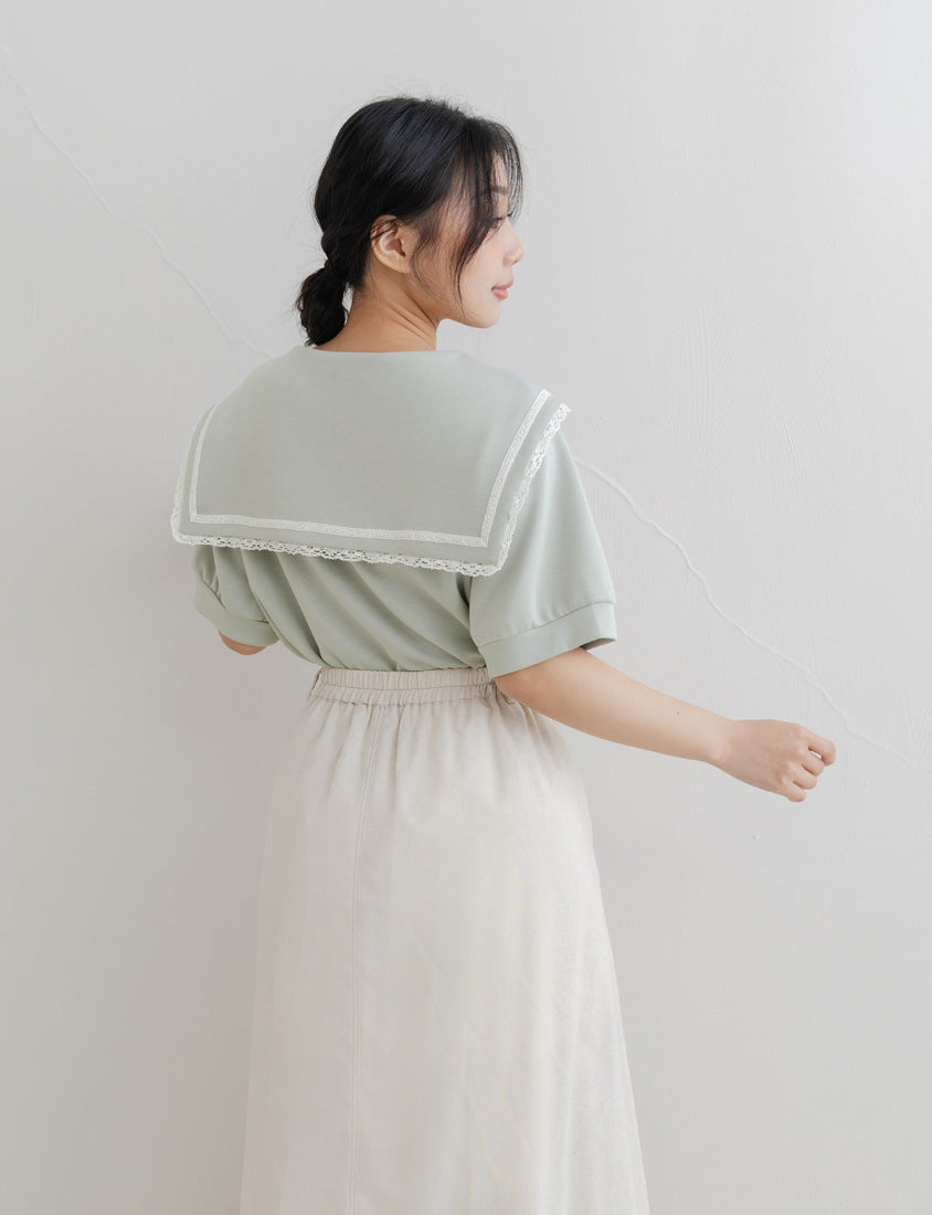 Space Cotton Sailor Collar Plus Size Lace Top