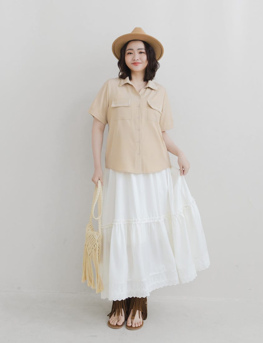 Korean Style Flowy Lace Trim Tiered Plus Size Maxi Skirt