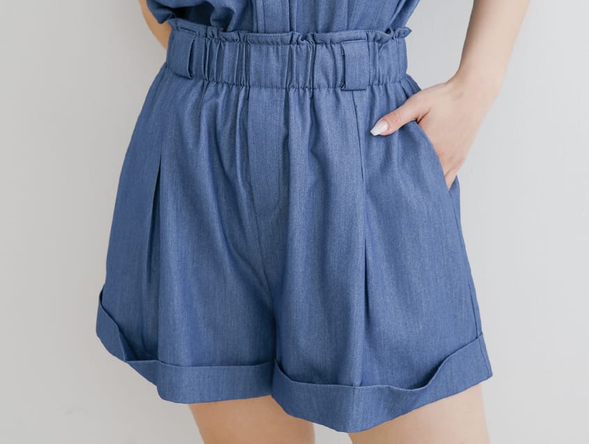 Korean-Style Faux Denim Bubble Hem Plus Size Shorts