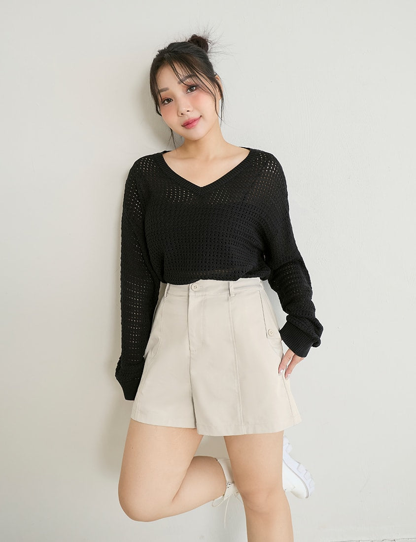 Anti-Pilling V-Neck Eyelet Plus Size Knit Top