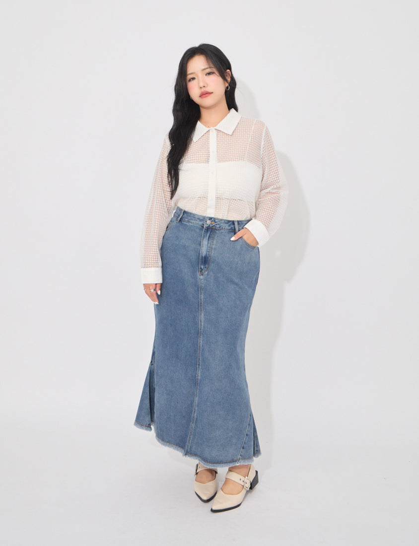 MORE U Cooling Silky Denim Slit Plus Size Mermaid Skirt