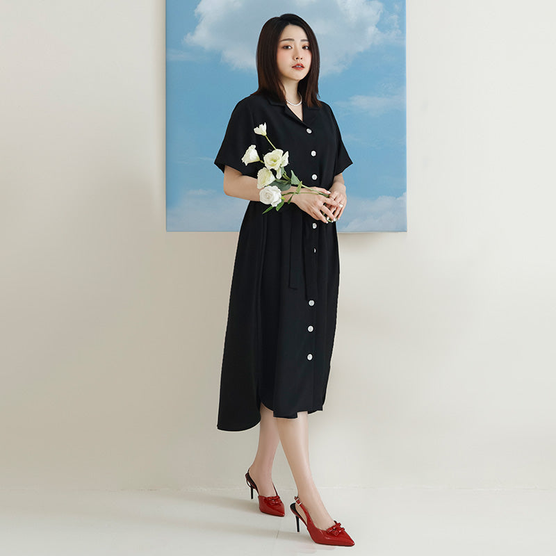 MISS. Cuban Collar Chiffon Button Short Sleeve Dress (with Waist-Tie )