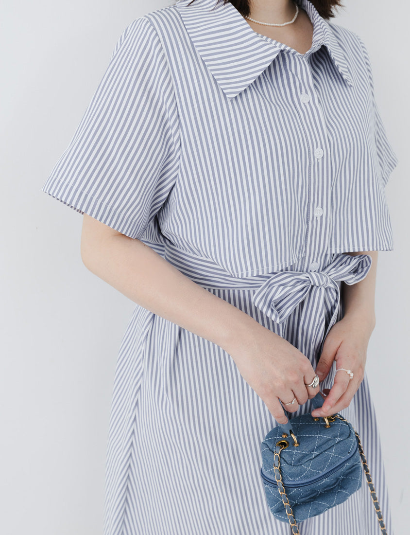 MISS. Japanese Style Striped Layered Plus Size Shirt Dress (with Belt)