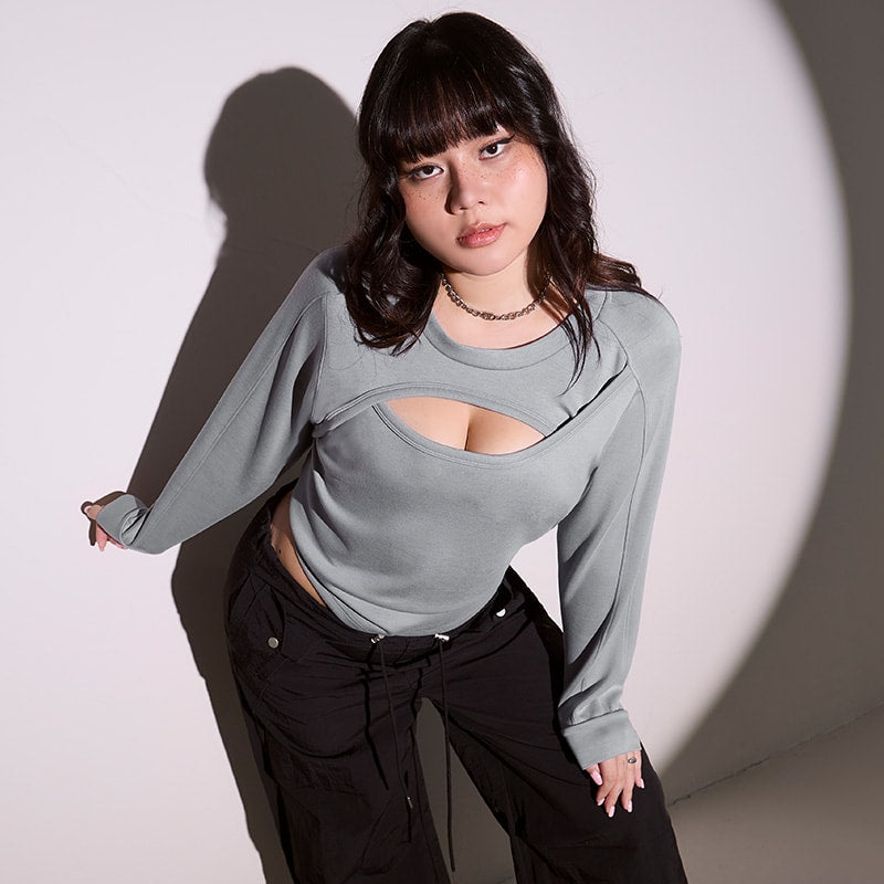 MUA! Cloud Cotton Front Cut-Out Plus Size Long Sleeve Top