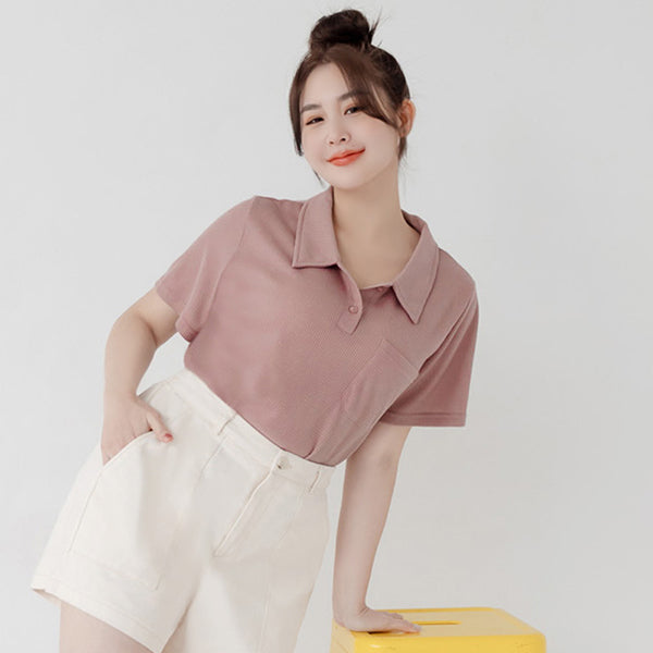 Skin-Friendly Waffle Knit Polo Plus Size Top