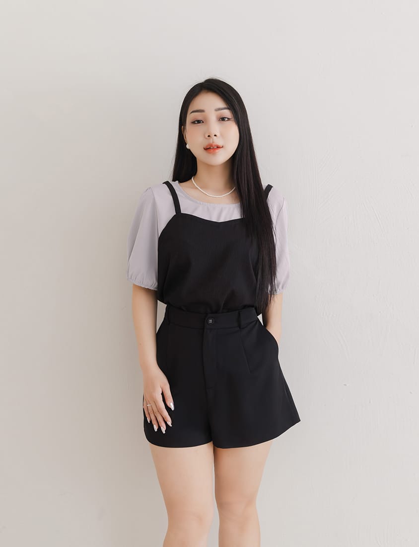 MISS. Faux Two-Piece Textured Puff Sleeve Top