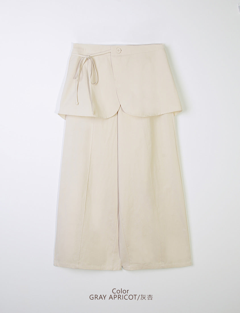 Layered Twill Plus Size Wide-Leg Pants (with Skirt Panel)