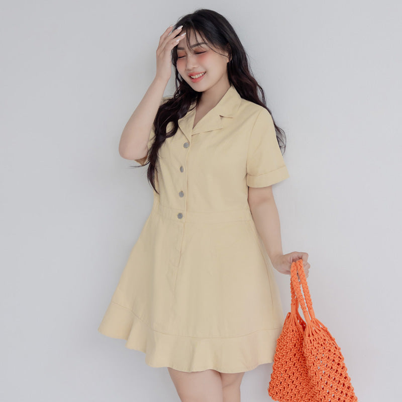 Twill Cuban Collar Cargo Ruffle Hem Plus Size Mini Dress