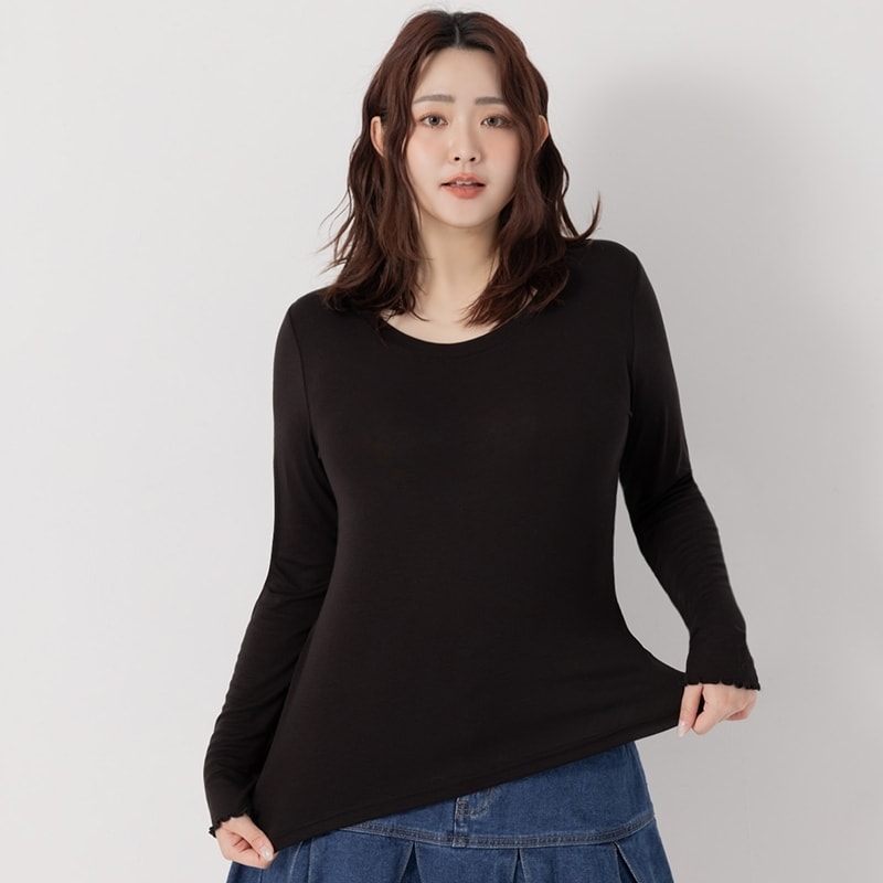 Sheer Tencel Wool Crew Neck Plus Size Long Sleeve Top