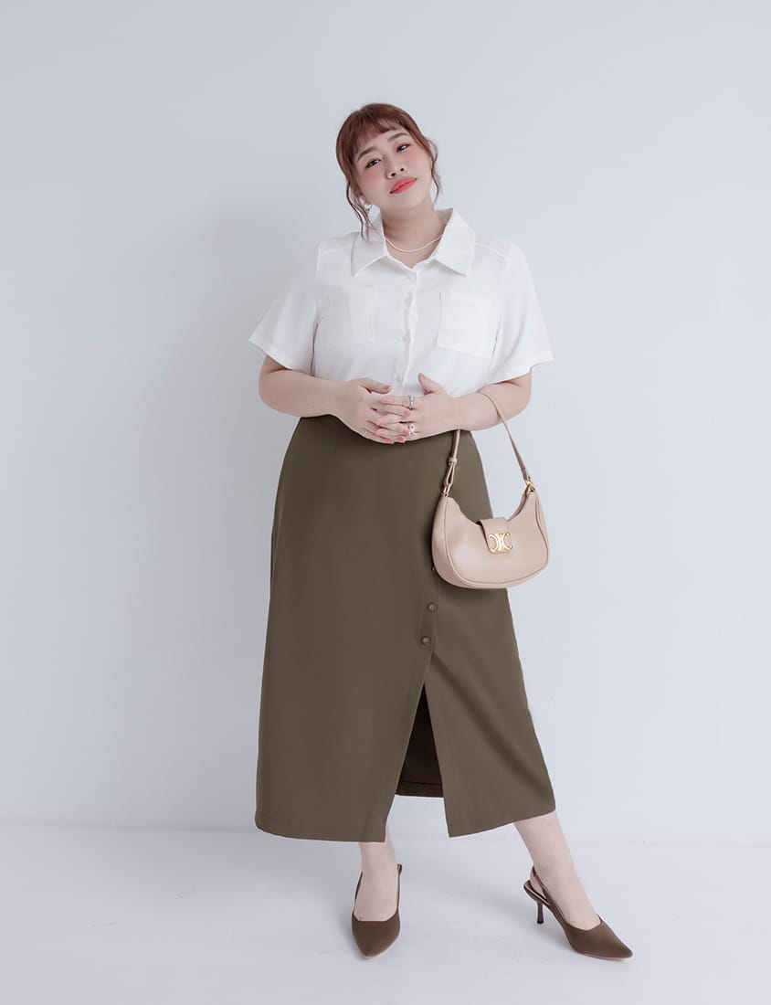 MISS. Korean Style Asymmetrical Button Slit Elastic Waist Plus Size Maxi Skirt