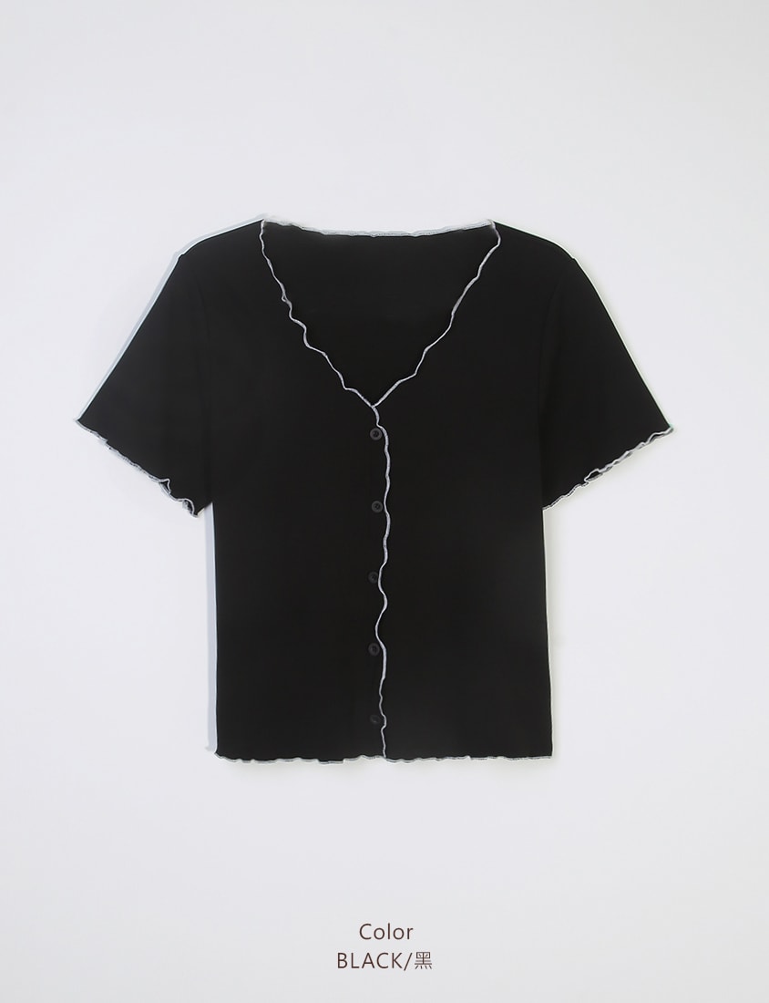 MUA! V-Neck Contrast Lettuce-Edge Plus Size Short Sleeve Top