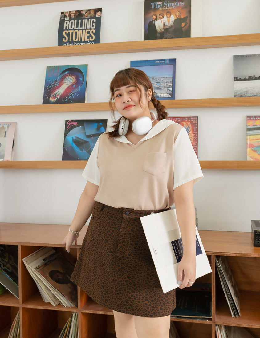 Space Cotton Sailor Collar Faux Two-Piece Plus Size Top
