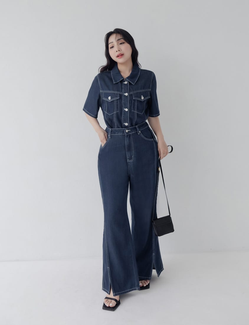 Lyocell Cooling Stitch Slit Plus Size Wide Leg Pants
