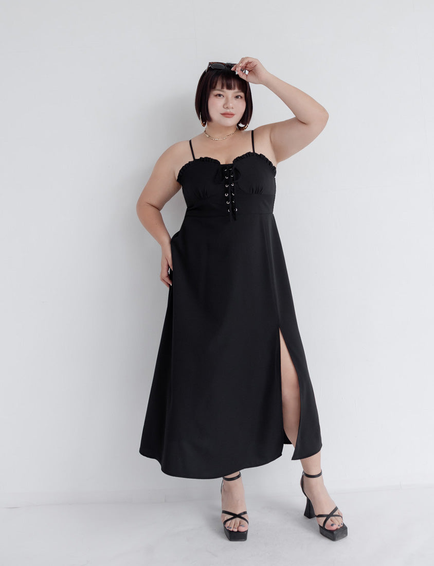 MUA! Ruffle Corset Front Slit Plus Size Maxi Dress
