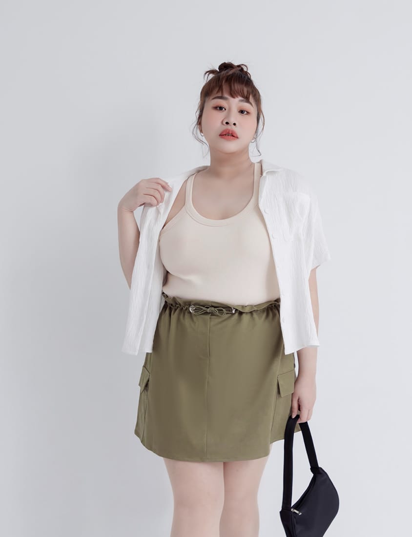Cuban Collar Crinkled Texture Large Pocket Plus Size Shirt