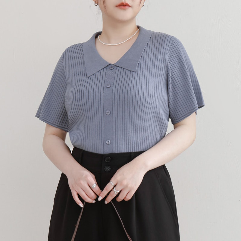 MISS. Versatile Icy Silk Faux Button Collar Plus Size Top