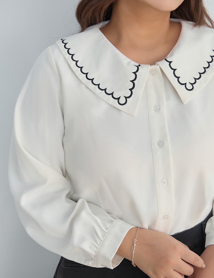 Contrast Embroidered Oversized Collar Plus Size Long Sleeve Shirt