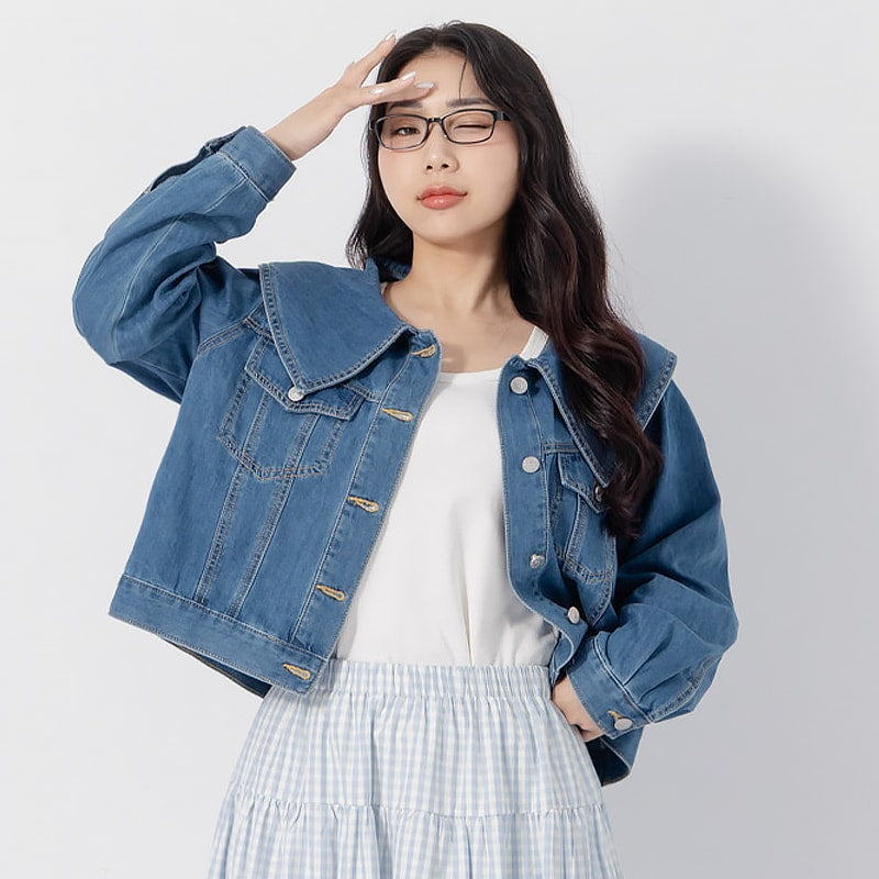 Korean Style Statement Collar Button-Down Plus Size Denim Jacket