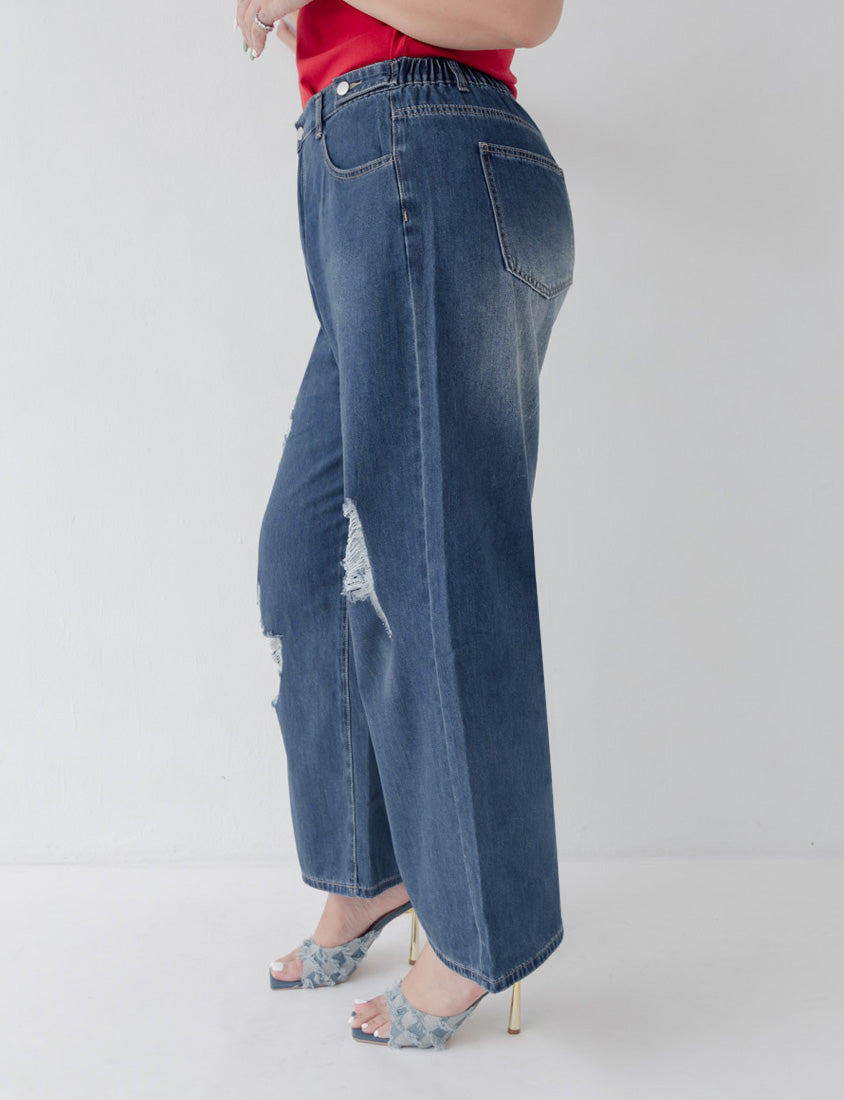 MUA! Distressed Denim Elastic Back Plus Size Wide Leg Jeans