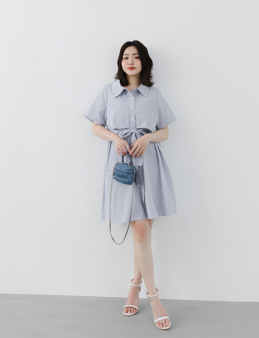 MISS. Japanese Style Striped Layered Plus Size Shirt Dress (with Belt)