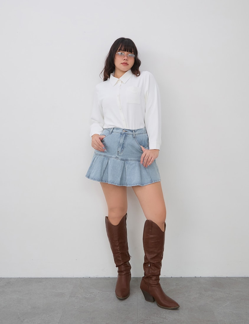 Vintage Washed Pleated Plus Size Denim Skort (With Pants)