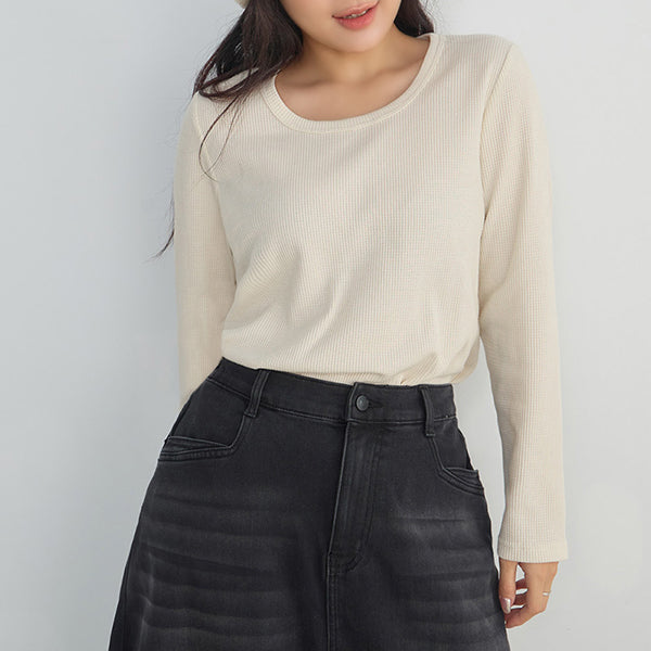 Casual Versatile Waffle Knit Plus Size Long Sleeve Top