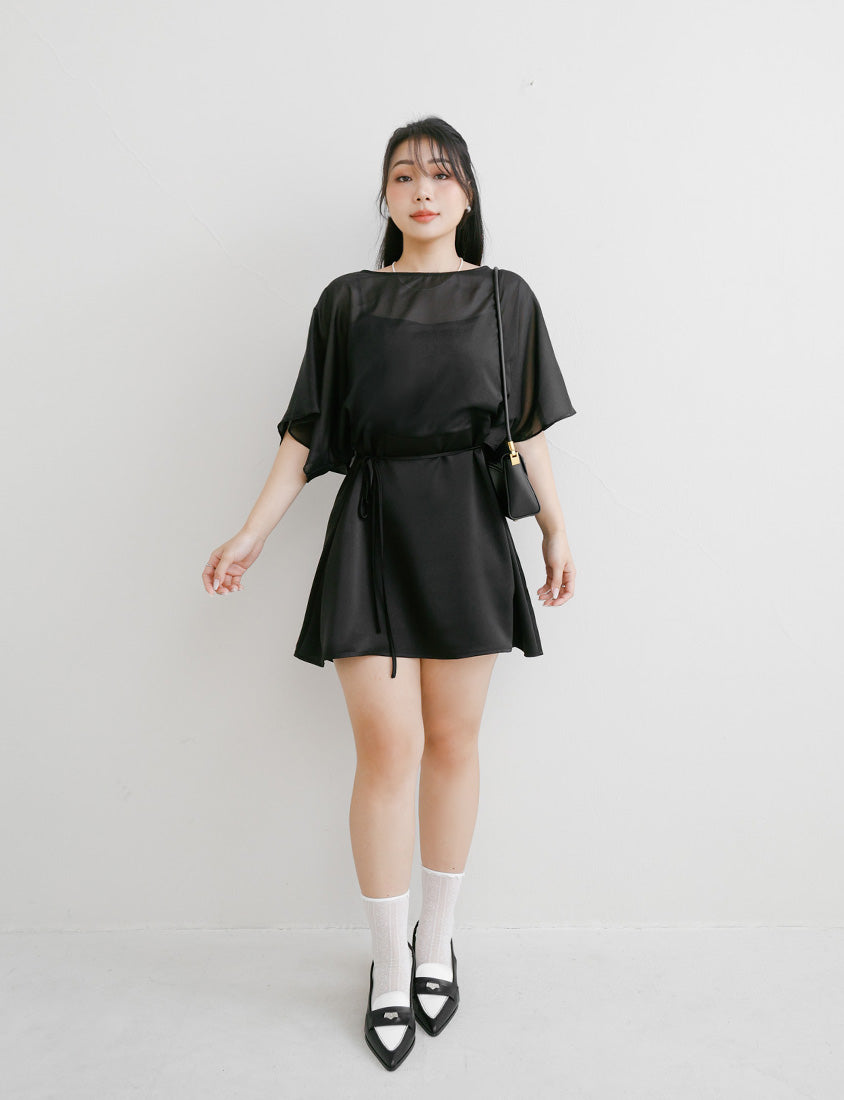 MISS. Sheer Faux Two-piece Satin Tie-Waist Plus Size Dress