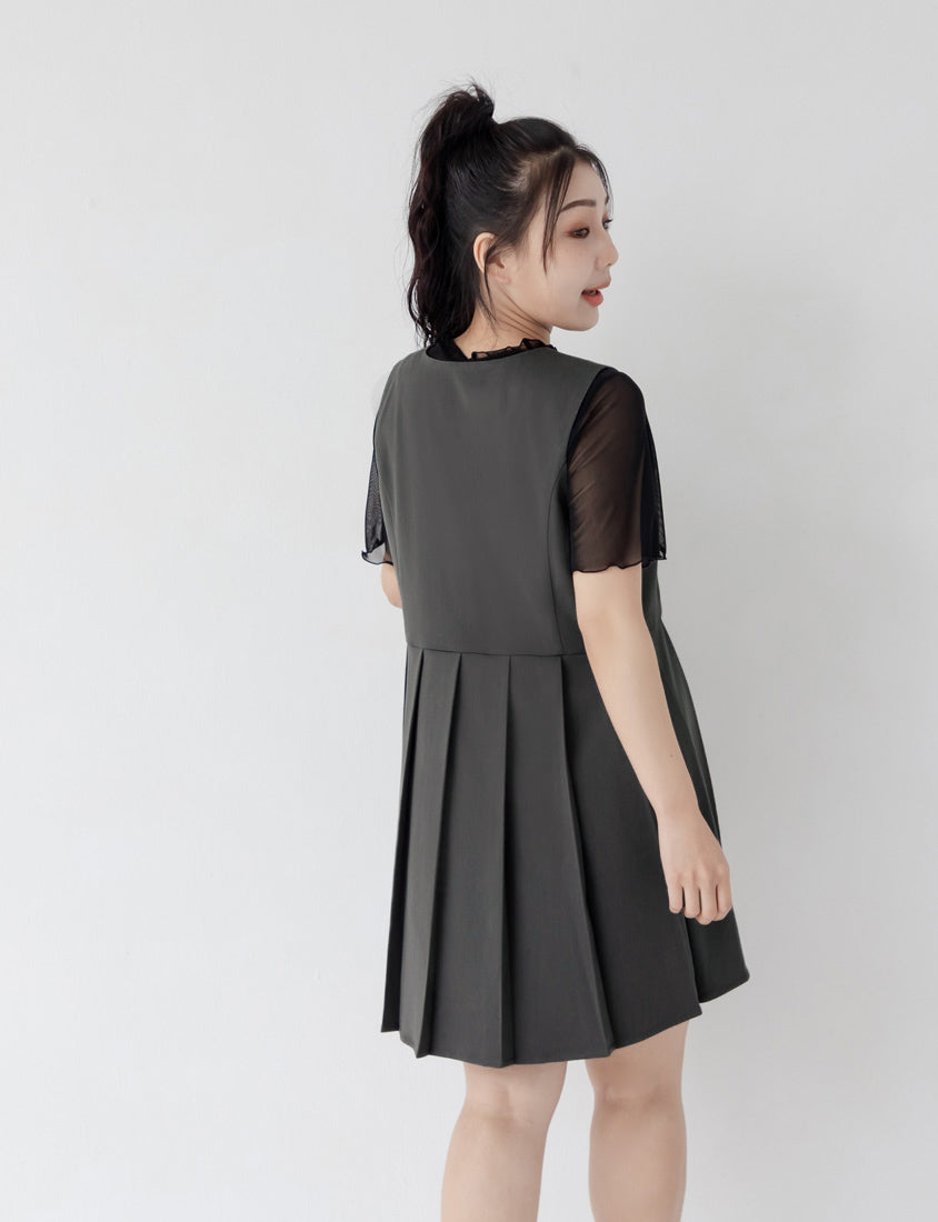 Square Neck Button Pleated Plus Size Mini Dress