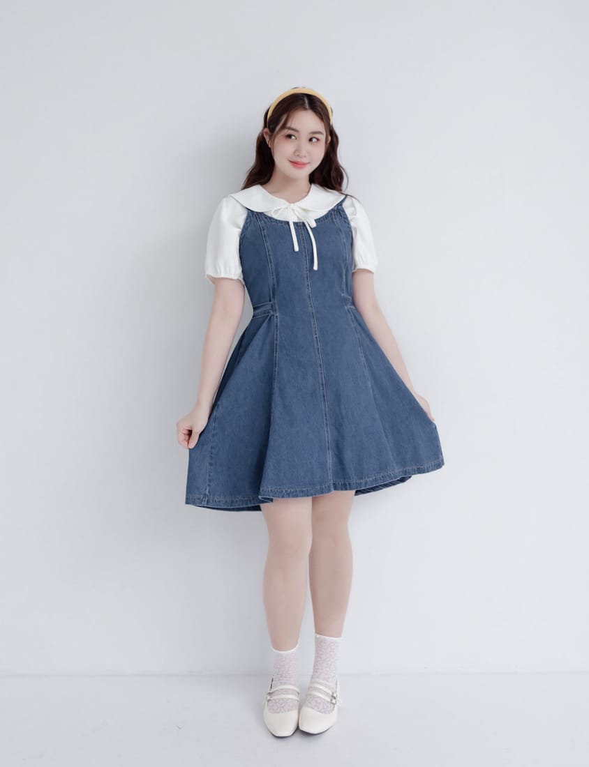 Adjustable Back Elastic Waist Plus Size Denim Mini Dress