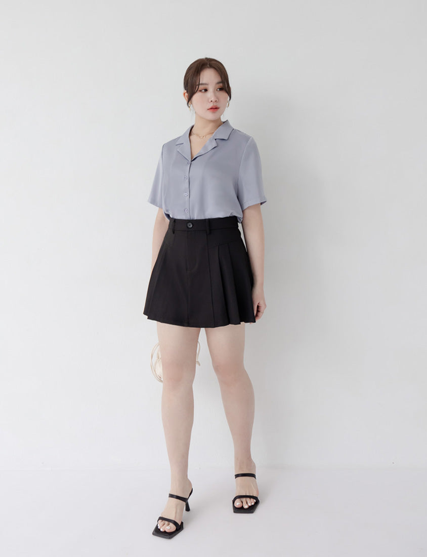 MISS. Glossy Satin Cuban Collar Plus Size Shirt With Floral Buttons
